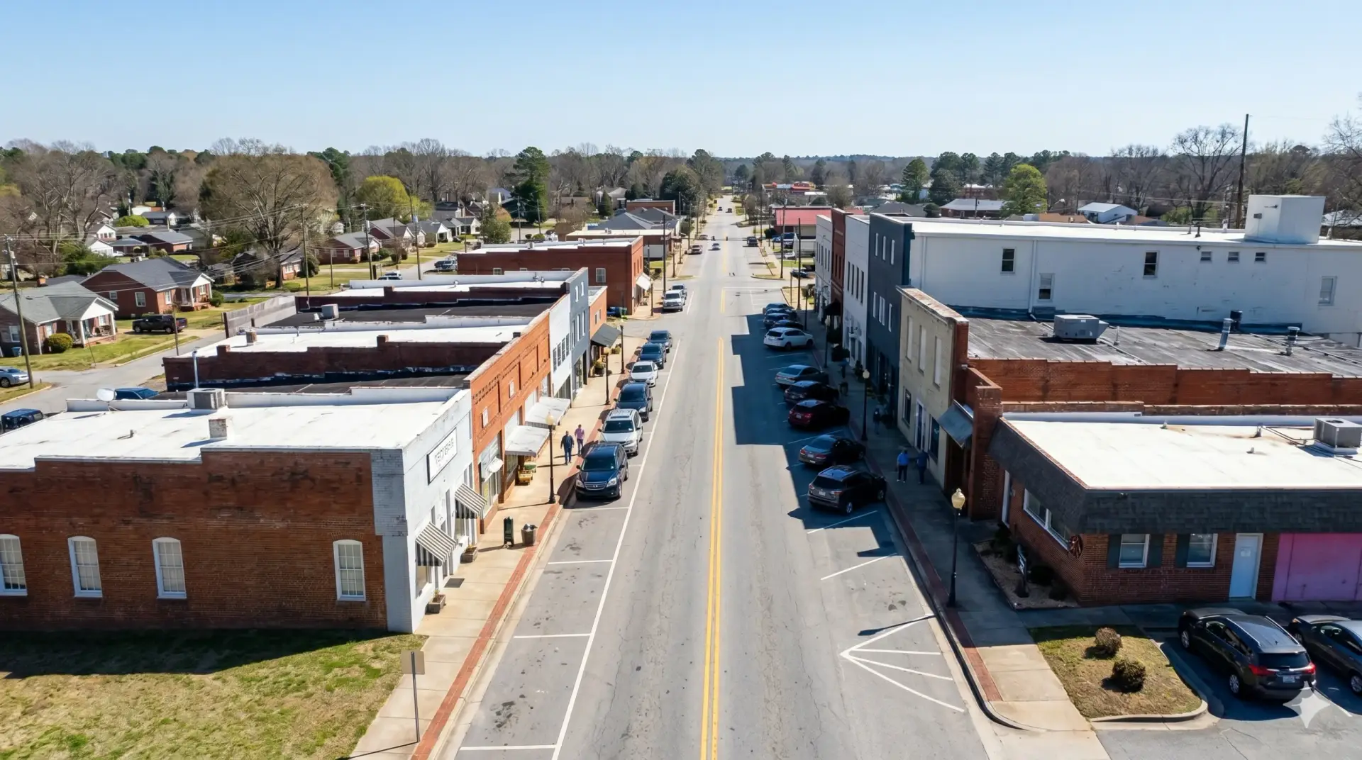 Aerial perspective of a charming small-town main street located in the service area of Custom Home Builders in Lyman SC.