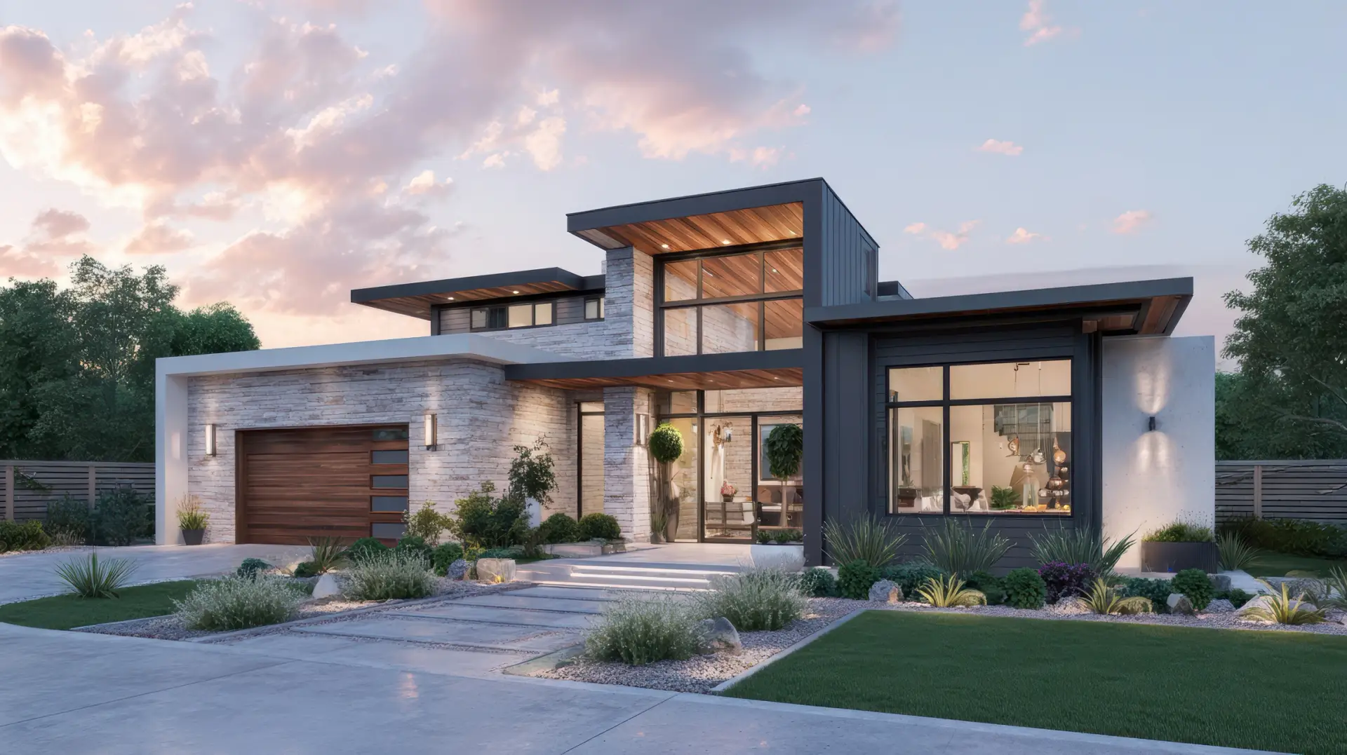 Contemporary luxury house with stone accents and flat roofs designed by Custom Home Builders in South Carolina.