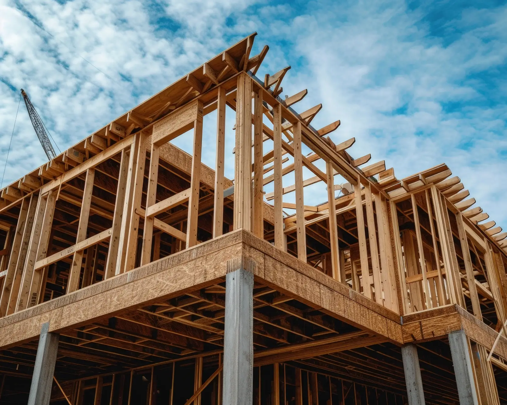 Wooden house frame under a blue sky, showcasing the precision of Custom Home Builders in South Carolina.