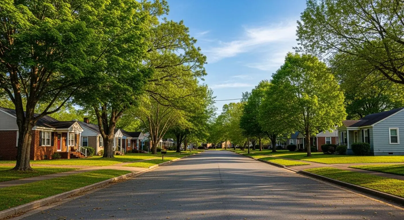 Lush green trees lining a quiet residential street curated by Custom Home Builders in Lyman SC.